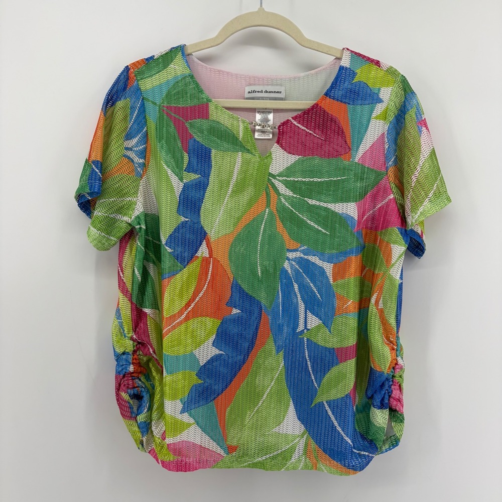 Alfred‎ Dunner Womens PM Multicolor Tropical Leaf Mesh Ruched Side Blouse Top